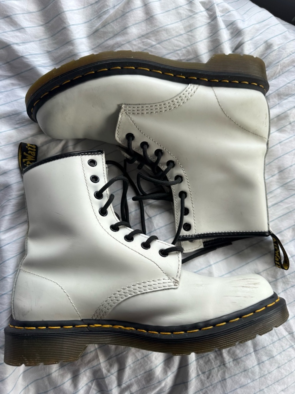 Dr. Martens White 8-Eye Lace-Up 1460 Combat Boots with Yellow Welt Stitching